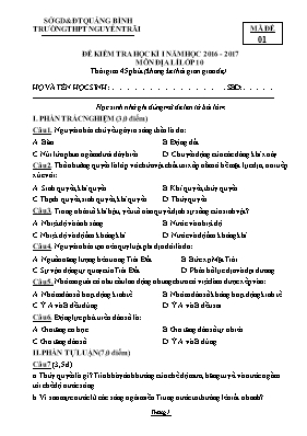 Đề kiểm tra học kì I Địa lí lớp 10 - Mã đè 01 - Năm học 2016-2017 - Nguyễn Hải Dương